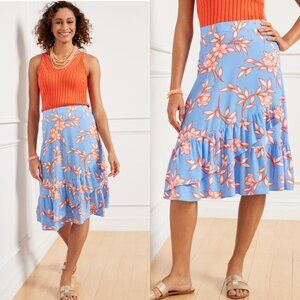 Talbots Tiered Midi Skirt Flowing Hibiscus Floral Blue & Orange Women's Size M
